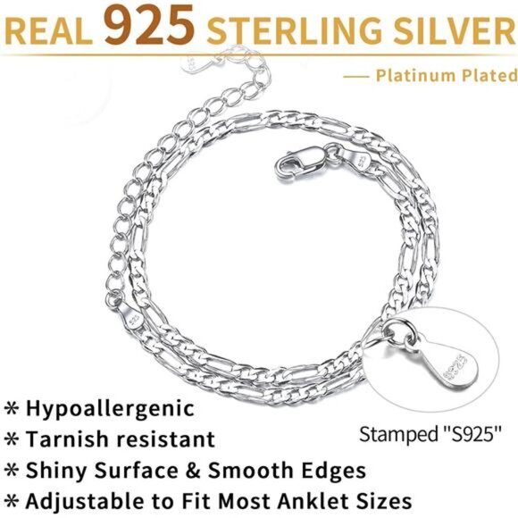 925 Sterling Silver Ankle Bracelet for Women, Simple Cuban Link/Figaro/Twist - Picture 2 of 7